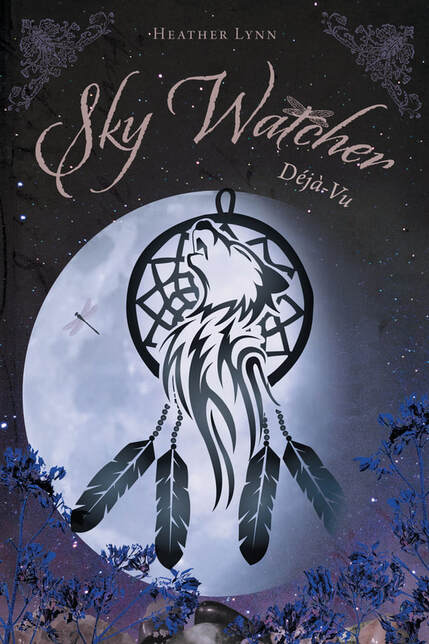 Image of cover of Sky Watcher Déjà-Vu, wolf dream catcher silhouetted on waxing gibbous moon