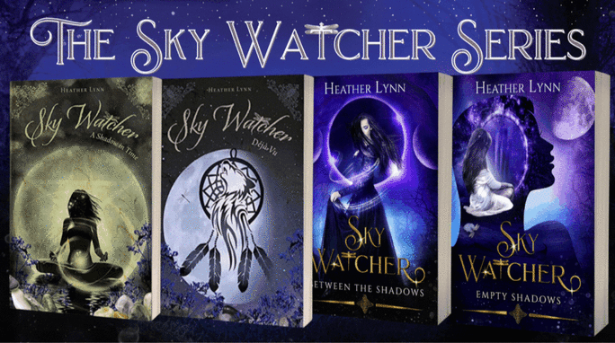 3 books of the sky watcher series standing in the sand on a beach beside some shells and sunglasses