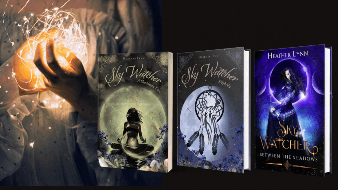 Image of the 3 Sky Watcher Books in front of a woman holding a glittering, magical ball.